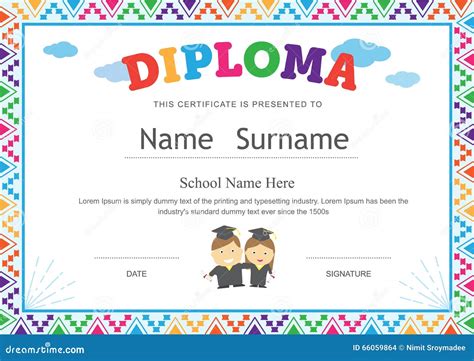 Kids Diploma Preschool Certificate Elementary School Template Ba Stock