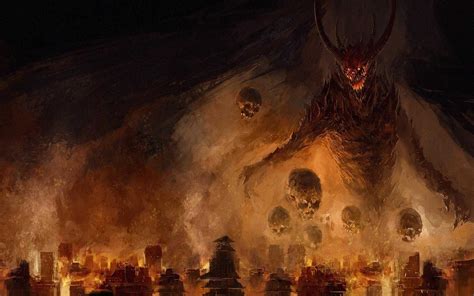 Wallpaper Kota Api Tengkorak Setan Mitologi Kegelapan
