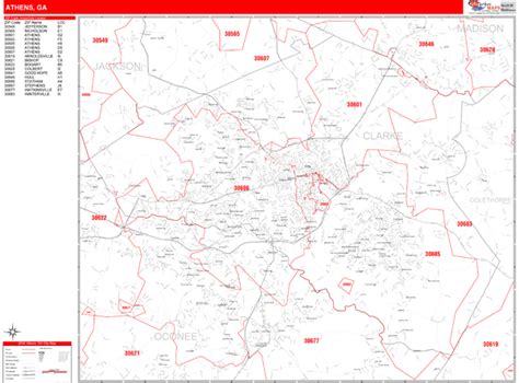Athens Georgia Zip Code Wall Map Red Line Style By