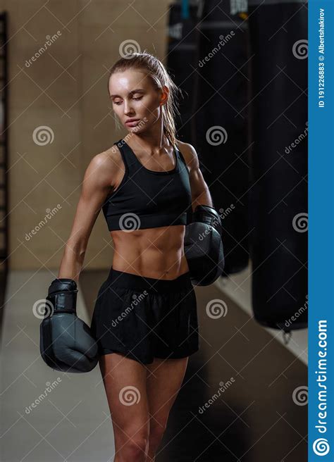 Girl In Black Boxing Gloves Posing In Gym Stock Image Image Of Adult