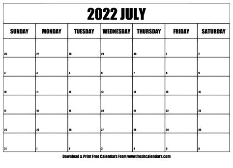 Blank Printable July 2022 Calendars