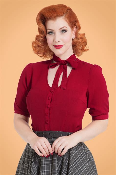 40s Candice Bow Blouse In Dark Red