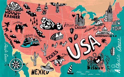 Illustrated Map Of Usa Digital Art By Daria I