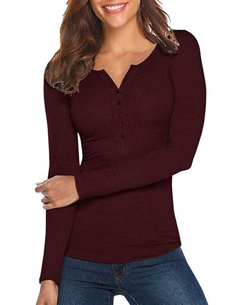 womens v neck henley shirts long sleeve ribbed button down basic tops tees wine red s henley
