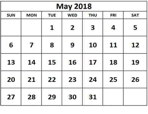 Blank Calendar May 2018 With Holidays Oppidan Library
