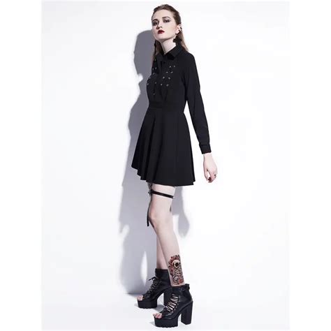 women mini dresses casual elegant black gothic punk aline lantern sleeve lapel solid button hip