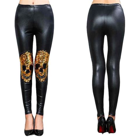 Lady Golden Skull Fitness Leggings Solid Sexy Fashion Sequined Spliced