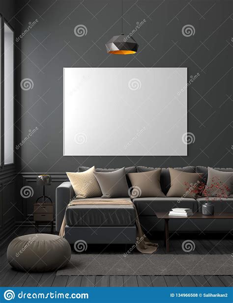 Mock Up Poster Frame In Dark Modern Living Room Interior 3d