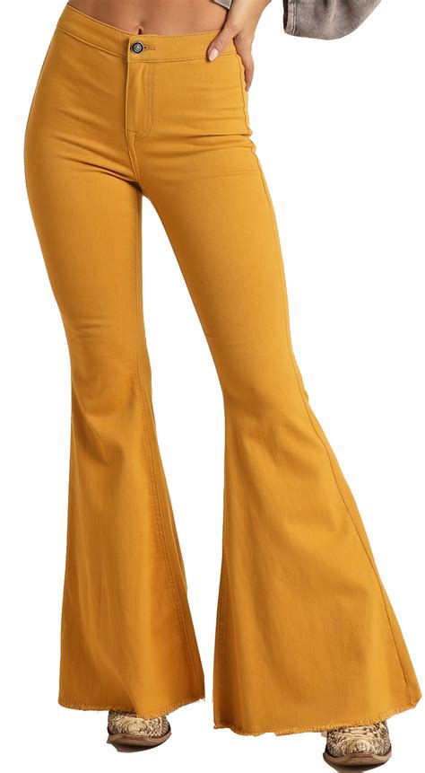 Womens High Rise Stretch Mustard Bell Bottom Jeans Rock And Roll Denim