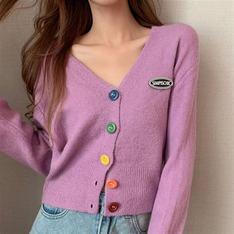 Women Knit Cardigan Short Sweater Autumn Winter Long Sleeve V Neck Gentle Lady Sweater Top