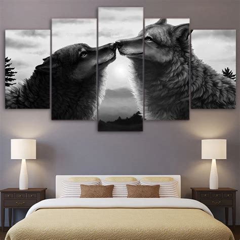 Printed Landscape Picture 5 Pieces Abstract Animal Black Wolf Large