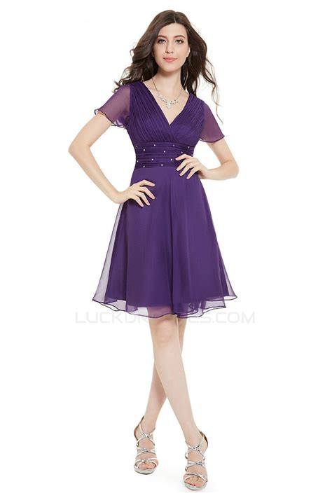 A Line V Neck Short Purple Chiffon Prom Evening Bridesmaid Dresses Ed011675
