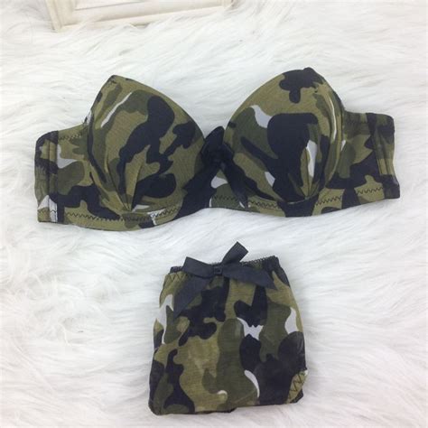 Ab Cups Panty Women Bra Kit Army Green Camouflage Lace Hot Sexy Push Up