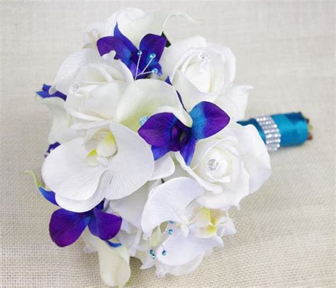Silk Wedding Bouquet With Off White Roses Blue Purple And White