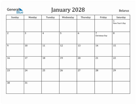 January 2028 Calendar With Belarus Holidays