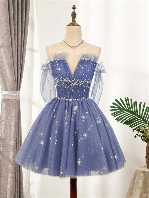 Flowy Cute A Line Blue Homecoming Dresses Short Beading Prom Dress Y00