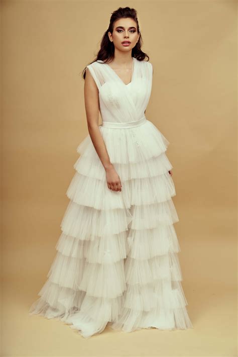 Elegant Sheer Net Layered Wedding Bridal Dress With Cross Detail On The Bodice Layered Wedding