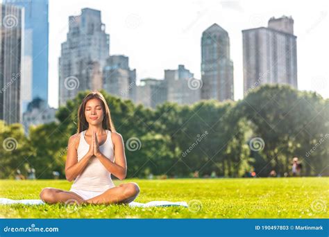 New York City Central Park Yoga Girl Relaxing Meditating Woman In Meditation In Outside In