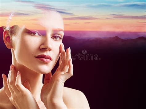 Double Exposure Portrait Of Beautiful Woman And Sunset Stock Photo