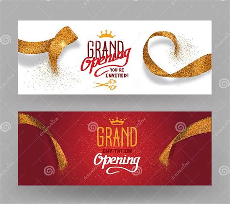 Grand Opening Horisontal Banners With Abstract Gold Cut Ribbons Stock