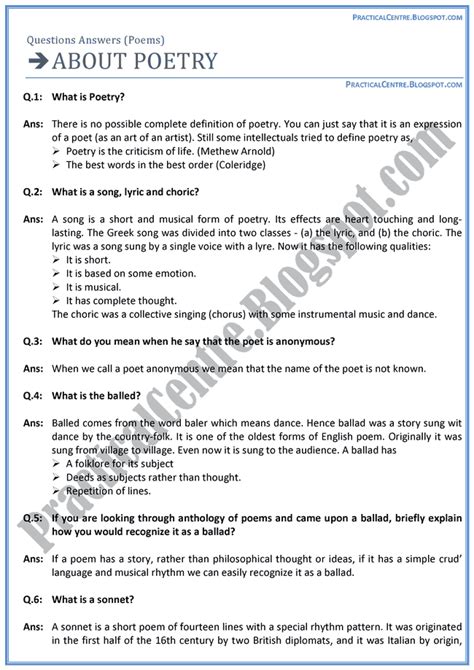 About Poetry Poem Questions Answers English Xi Practical Centre