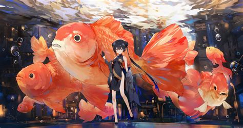 Wallpaper Anime Girls Fish Chinese Dress Gloves Twintails