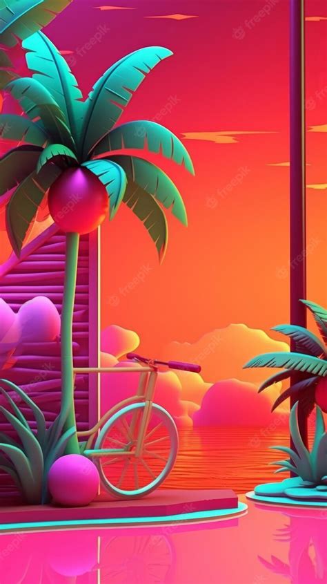 Premium Photo Neon Tropical Synthwave Theme 3d Abstract Background
