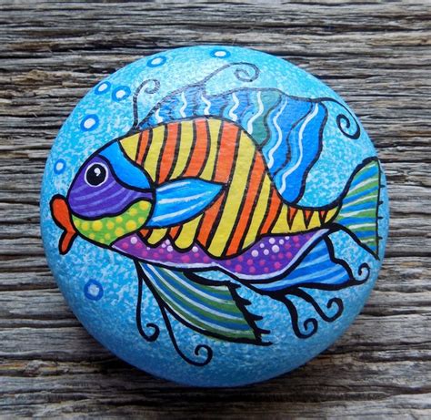 Whimsical Fish Painted Rockdecorative Accent Stone Paperweight