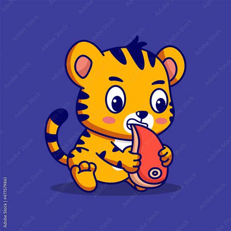 Tiger Eating Meat Cartoon Illustration Stock Vector Adobe Stock