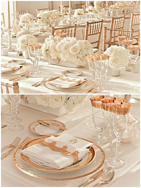 Wedding Tablescape Rose Gold White I Like This Table Setting Though It Doesn T Have To Be