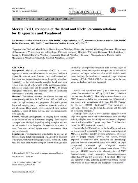 Pdf Merkel Cell Carcinoma Of The Head And Neck Recommendations For