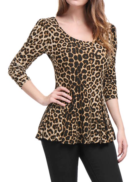 unique bargains unique bargains women s stretchy peplum shirt leopard print blouse tops
