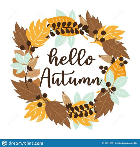 Hello Autumn Text With Colorful Leaves Set Wreath On White Backgrond