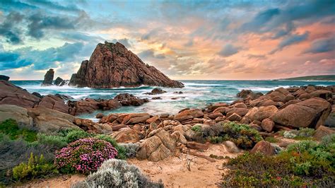 Australia Coast Ocean West Beach Stones Rock Bows Landscape Sunset