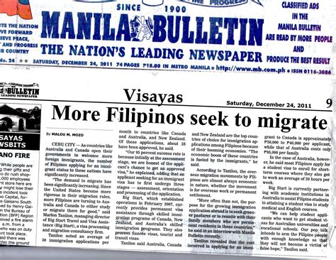 Regional newspapers or those published in the regions are also included. Manila Bulletin: More Filipinos seek to migrate - BIGStart ...