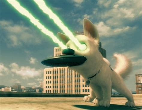A White Dog With Green Lasers In Its Mouth On Top Of A Roof Next To A