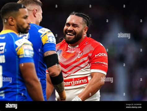 St Helens Konrad Hurrell Right Jokes With Leeds Rhinos Liam Sutcliffe During The Betfred