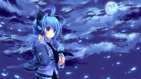 Download 1920x1080 Anime Girl Moon Blue Hair Headphones Clouds Mood Wallpapers For
