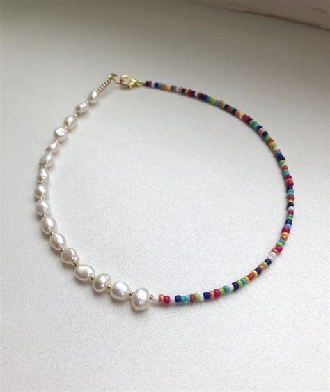 Pearl And Colorful Bead Necklace Half Pearl Necklace Etsy