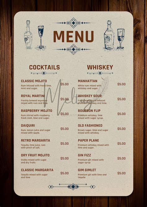 Bar Menu Template Modern Editable Drink Menu Printable Bar Menu Bar Drinks Sign Minimalist