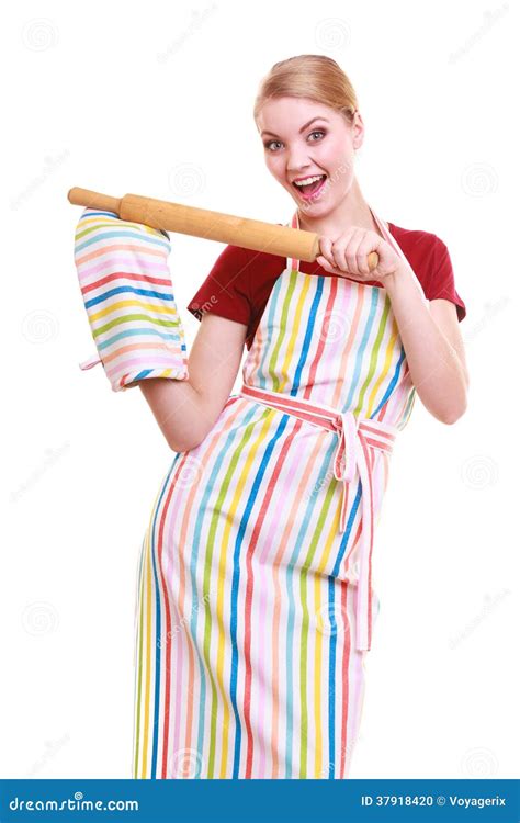 Housewife Or Baker Chef Wearing Kitchen Apron Oven Mitten Holds Baking Rolling Pin Stock Photo