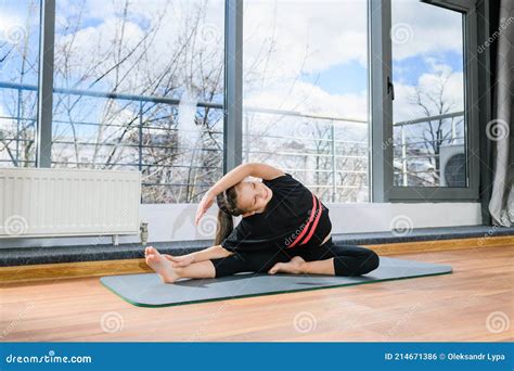 Tween Girl Make Stretching Slopes Indoors Stock Photo Image Of