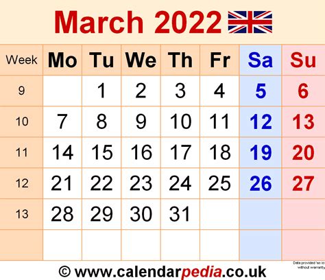 Calendar March 2022 Uk With Excel Word And Pdf Templates