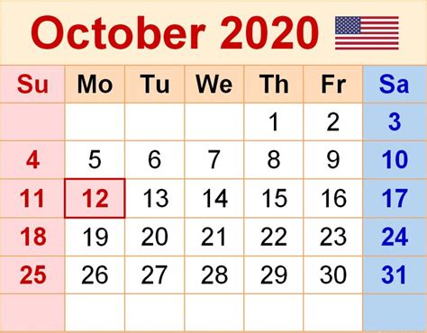 October 2020 Usa Calendar With Holidays Usa Calendar Calendar