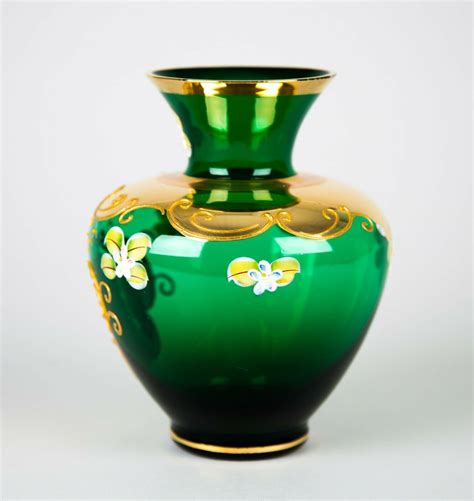 Czech Bohemian Green Glass Gold Trim Hand Painted Enamel Vase Etsy