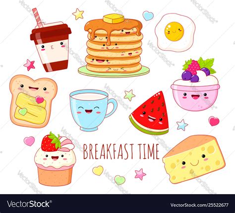 Set Cute Breakfast Food Icons In Kawaii Style Vector Image