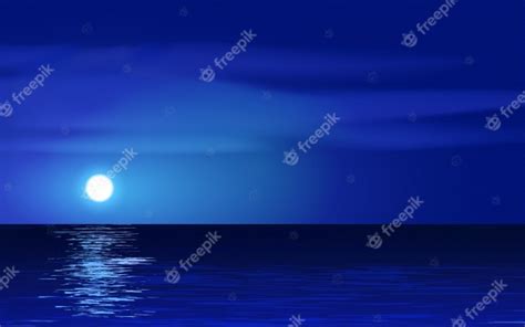 Night Nature Cloudy Sky With Stars Moon And Calm Sea With Lighthouse