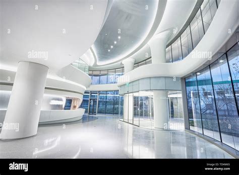 Futuristic Modern Office Building Interior In Urban City Stock Photo