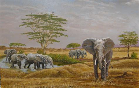 Elephants At A Water Hole By Werner Rentsch Oil Painting Artful Home