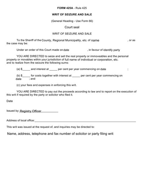 Writ of seizure and sale1 Form 425A Download Fillable PDF or Fill Online Writ of ...
